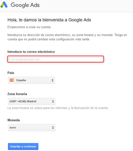 Solicitud de datos para el registro en Google Ads
